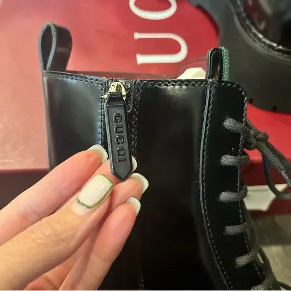 🖤NEW🖤 Gucci Black Leather Combat Lace Up Web Women’s Boots EU 41 - Picture 4 of 13